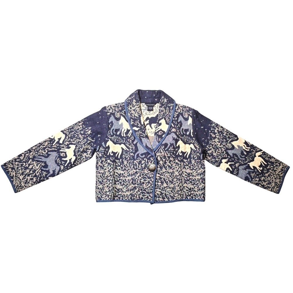Hokus Pokus Blazer Womens Petite Small Horse Tapestry Jacket Blue Cotton